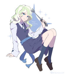 Rule 34 | 1girl, arikindows10, arm support, blonde hair, blue eyes, blue socks, brown footwear, closed mouth, commentary, dated, diana cavendish, dress, hand up, happy birthday, highres, holding, holding wand, invisible chair, kneehighs, leaning back, light smile, little witch academia, long hair, looking at viewer, luna nova school uniform, multicolored hair, pinafore dress, sash, school uniform, shoes, sitting, sleeveless dress, socks, solo, sparkle, sparkle background, streaked hair, wand, wavy hair, white background, wing collar