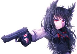 Rule 34 | 1girl, bad id, bad pixiv id, beretta 92, black gloves, black hair, breasts, closed mouth, deep (deep4946), eyebrows, fang, fingerless gloves, gloves, gun, handgun, highres, holding, holding gun, holding weapon, long sleeves, looking at viewer, medium breasts, nail polish, original, pistol, red eyes, red nails, smile, solo, upper body, weapon