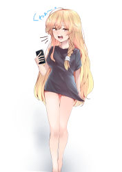 Rule 34 | 1girl, absurdres, ahoge, bare legs, black shirt, blonde hair, breasts, commentary request, full body, highres, holding, keenii (kenny86), kirisame marisa, long hair, looking at viewer, messy hair, no pants, shirt, simple background, small breasts, solo, t-shirt, thigh gap, touhou, very long hair, walking, white background, yawning, yellow eyes