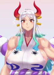 Rule 34 | areola slip, breasts, covered erect nipples, earrings, highres, horns, huge breasts, japanese clothes, jewelry, kimono, long hair, mizuumi (bb), multicolored hair, one piece, orange horns, red eyes, sleeveless, sleeveless kimono, smile, toned, yamato (one piece), yellow horns