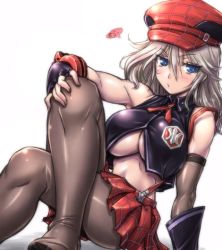 Rule 34 | 10s, 1girl, alisa ilinichina amiella, amania orz, bare shoulders, blue eyes, blush, breasts, elbow gloves, fingerless gloves, full body, gloves, god eater, hat, huge breasts, crossed legs, long hair, looking at viewer, namco, navel, pantyhose, silver hair, simple background, skirt, solo, suspender skirt, suspenders, underboob, white background