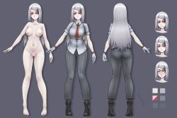 Rule 34 | 1girl, absurdres, black footwear, breasts, character sheet, clothes, color guide, completely nude, expressions, gloves, grey pants, gun, hair ornament, hairpin, handgun, haruka (haruko), highres, looking at viewer, looking back, medium breasts, multiple views, nude, original, pants, red eyes, red tie, shirt, walther, walther ppk, weapon, white gloves, white hair, white shirt, zap-nik