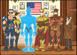 Rule 34 | 1girl, 5boys, armor, ascot, batayan, belt, black hair, blonde hair, breasts, brown hair, buttons, cape, cigar, coat, crossed arms, dc comics, dr. manhattan, everyone, fedora, flag, garter straps, grin, hands in pockets, hat, height difference, lineup, lips, looking at viewer, mask, multiple boys, muscular, nite owl, ozymandias, pants, parody, photo (object), ponytail, rorschach, scarf, serious, shoes, silk spectre, smile, smiley face, standing, style parody, the comedian, thighhighs, topless male, trench coat, watchmen