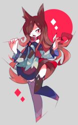 Rule 34 | 1girl, amakusa (hidorozoa), animal ears, bare shoulders, brooch, brown hair, fangs, fingernails, full body, grey background, highres, imaizumi kagerou, jewelry, long hair, looking at viewer, nail polish, off-shoulder shirt, red eyes, red nails, red skirt, sharp fingernails, shirt, simple background, skirt, solo, standing, tail, tears, thighhighs, touhou, white shirt, wide sleeves, wolf ears, wolf tail