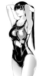 Rule 34 | 1girl, adjusting hair, armpits, arms behind head, arms up, breasts, cleavage, collarbone, competition swimsuit, covered navel, cowboy shot, from side, greyscale, grin, groin, high ponytail, highres, hip focus, kurofudo, large breasts, legs together, long hair, monochrome, one-piece swimsuit, original, parted lips, ponytail, sideboob, simple background, skin tight, smile, solo, standing, straight hair, swimsuit, tying hair, very long hair