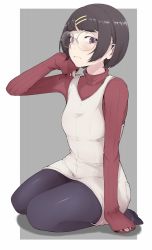 Rule 34 | 1girl, bad face, black hair, bob cut, brown eyes, hair ornament, hairclip, highres, ina (gokihoihoi), original, pantyhose, ribbed sweater, round eyewear, seiza, short hair, simple background, sitting, sleeves past wrists, solo, sweater, turtleneck