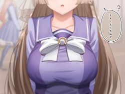 Rule 34 | 2girls, ?, arms behind back, bad id, bad twitter id, blurry, blurry background, bow, bowtie, breast focus, breasts, brown hair, check commentary, commentary, commentary request, head out of frame, large breasts, long hair, multiple girls, ooeyama, parted lips, satono diamond (umamusume), school uniform, speech bubble, tracen school uniform, translated, umamusume, upper body, winter uniform