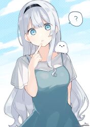 Rule 34 | 1girl, :o, ?, absurdres, animal, animal on shoulder, bird, black hairband, blue dress, blue eyes, blue sky, breasts, cloud, commission, dress, earrings, finger to mouth, grey hair, grey shirt, hairband, hand up, highres, jewelry, long hair, looking at viewer, medium breasts, original, parted lips, polka dot, polka dot background, shirt, short sleeves, signature, skeb commission, sky, sleeveless, sleeveless dress, sofra, solo, spoken question mark, twitter username, very long hair