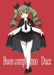 Rule 34 | 10s, 1girl, abenattou, anchovy (girls und panzer), bad id, bad pixiv id, belt, cape, dress shirt, drill hair, girls und panzer, green hair, hair ribbon, happy birthday, italian text, long hair, long sleeves, looking at viewer, miniskirt, necktie, open mouth, pantyhose, pleated skirt, red background, ribbon, school uniform, shirt, shoes, skirt, smile, solo, standing, translated, twin drills, twintails, white pantyhose, white shirt