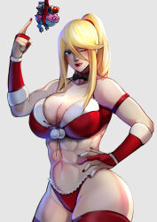 Rule 34 | 1girl, bikini, black bow, black bowtie, blonde hair, blue eyes, bow, bowtie, breasts, christmas, cleavage, hand on own hip, highres, hornoad, large breasts, long bangs, looking at viewer, metroid, missile, mistletoe, mole, mole under mouth, nail polish, navel, nintendo, one eye closed, pun, red bikini, red lips, red nails, samus aran, swimsuit, white background, xuuikie ashe