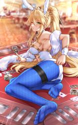 Rule 34 | 1girl, absurdres, ahoge, animal ears, artoria pendragon (all), artoria pendragon (fate), artoria pendragon (swimsuit ruler) (fate), ass, bare shoulders, blonde hair, blue pantyhose, blush, braid, breasts, card, casino card table, cleavage, clothing cutout, detached collar, fake animal ears, fate/grand order, fate (series), feather boa, feet, fishnet pantyhose, fishnets, five of diamonds, french braid, green eyes, hair between eyes, highleg, highleg leotard, highres, hua-j, large breasts, legs, leotard, long hair, looking at viewer, navel, navel cutout, no shoes, on table, pantyhose, playboy bunny, playing card, poker chip, ponytail, rabbit ears, revision, sidelocks, solo, table, ten of hearts, tiara, white leotard, wrist cuffs