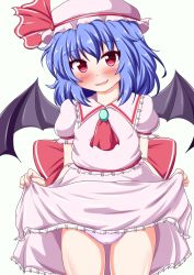 Rule 34 | 1girl, ascot, bat wings, blue hair, blush, bow, brooch, clothes lift, cowboy shot, dress, dress lift, fang, hat, hat bow, highres, jewelry, mob cap, panties, red eyes, remilia scarlet, simple background, solo, touhou, underwear, white background, white panties, wings, yakumo nanahara