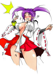 Rule 34 | 1990s (style), 1girl, breasts, cleavage, enno chiaki, female focus, japanese clothes, kishin douji zenki, large breasts, miko, purple hair, red eyes, twintails, wardrobe malfunction