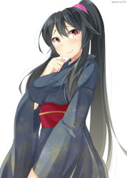 Rule 34 | 10s, 1girl, alternate costume, bad id, bad pixiv id, black hair, blush, breasts, brown eyes, hair ornament, japanese clothes, kankitsunabe (citrus), kantai collection, kimono, long hair, looking at viewer, ponytail, smile, solo, standing, twitter username, very long hair, yahagi (kancolle)
