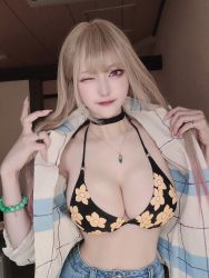 Rule 34 | 1girl, ;), asian, bead bracelet, beads, bikini, bikini top only, blonde hair, bracelet, breasts, choker, cleavage, cosplay, cosplay photo, denim, floral print, highres, japanese (nationality), jewelry, kipi-san, kitagawa marin, kitagawa marin (cosplay), large breasts, long hair, looking at viewer, midriff, nail polish, necklace, one eye closed, open clothes, pale skin, photo (medium), red eyes, ring, smile, solo, sono bisque doll wa koi wo suru, swimsuit, upper body
