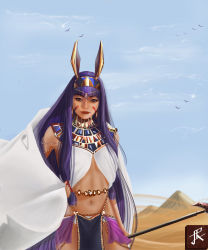 Rule 34 | 1girl, absurdres, animal ears, blue sky, blunt bangs, blurry, cloud, cloudy sky, coat, dark-skinned female, dark skin, depth of field, desert, earrings, egyptian, egyptian clothes, facial tattoo, fate/grand order, fate (series), hair between eyes, hairband, highres, holding, holding staff, jeia drawsstuff, jewelry, long hair, looking at viewer, midriff, navel, nitocris (fate), purple eyes, purple hair, pyramid (structure), rabbit ears, realistic, sand, sandstorm, sidelocks, sky, skyline, solo, staff, tattoo, white coat