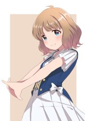Rule 34 | 1girl, ahoge, blue eyes, blush, brown background, brown hair, closed mouth, dot nose, dress, grid background, highres, idolmaster, idolmaster million live!, idolmaster million live! theater days, looking at viewer, outside border, ribbon, short hair, short sleeves, simple background, smile, solo, standing, stretching, suou momoko, two-tone background, white background, white ribbon, yukiho kotori