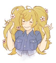 Rule 34 | 1girl, ahoge, blonde hair, blue shirt, blush, breast pocket, breasts, closed eyes, cropped torso, flower, gambier bay (kancolle), grin, hair flower, hair ornament, holding, holding own hair, kantai collection, long hair, pink flower, pocket, shirt, short sleeves, simple background, smile, solo, sukekiyo (skky 0), twintails, upper body, white background