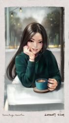 Rule 34 | 1girl, absurdres, artist name, black hair, bracelet, brown eyes, coffee cup, commentary, cup, dated, disposable cup, earrings, english commentary, green sweater, hand on own cheek, hand on own face, heart, highres, jewelry, kopianget, lipstick, long hair, long sleeves, looking at viewer, makeup, necklace, original, red lips, sitting, smile, solo, straight hair, sweater, teeth
