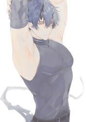 Rule 34 | 1boy, arknights, armpits, arms up, bandaged arm, bandages, black nails, blue hair, closed mouth, demon tail, flamebringer (arknights), highres, looking at viewer, male focus, orange eyes, painting (medium), pectorals, scar, scar on arm, sleeveless, sleeveless turtleneck, tail, toriyoshi, traditional media, turtleneck, watercolor (medium)