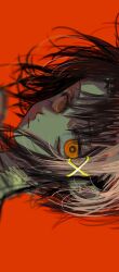 1girl bad_id bad_twitter_id brown_hair closed_mouth expressionless hair_ornament hairclip highres iniooooo iwakura_lain looking_at_viewer portrait red_background red_eyes serial_experiments_lain short_hair sideways simple_background solo x_hair_ornament