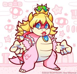 Rule 34 | 1girl, armband, blue eyes, borrowed design, coin, crown, gem, gloves, lipstick, long hair, lord peach, makeup, mario (series), new super mario bros. u deluxe, nintendo, role reversal, solo, spiked shell, super crown, super mushroom, transformation, warp pipe, white gloves