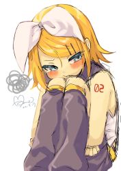 Rule 34 | 1girl, absurdres, amane (amnk1213), angry, annoyed, bare shoulders, blonde hair, blue eyes, blush, bow, cheek rest, crying, crying with eyes open, hair bow, hair ornament, hairclip, half-closed eyes, highres, hugging own legs, kagamine rin, knees to chest, leg warmers, legs folded, number tattoo, pout, pouty lips, puffy cheeks, sad, sailor collar, shirt, short hair, shoulder tattoo, sitting, sketch, sleeveless, sleeveless shirt, solo, squiggle, tattoo, tearing up, tears, tsurime, vocaloid