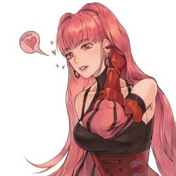 Rule 34 | 1girl, breasts, earrings, female focus, fire emblem, fire emblem: three houses, gloves, heart, highres, hilda valentine goneril, hoop earrings, jewelry, kirr rr, large breasts, long hair, matching hair/eyes, nintendo, parted lips, pink eyes, pink hair, ponytail, red gloves, simple background, solo, spoken heart, upper body, white background