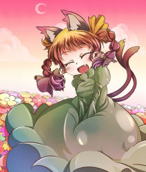 Rule 34 | 1girl, animal ears, bad id, bad pixiv id, braid, cat ears, cat girl, cat tail, fang, female focus, field, flower, flower field, hair ribbon, kaenbyou rin, multiple tails, red hair, ribbon, sakurai energy, short hair, smile, solo, tail, touhou, twin braids, twintails