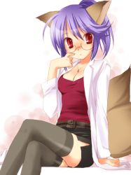 Rule 34 | 10s, 1girl, animal ears, belt, blue hair, breasts, cleavage, fox (trickster), fox ears, fox tail, glasses, lab coat, miniskirt, mofmof (sousa), pencil skirt, red eyes, short hair, skirt, solo, tail, thighhighs, trickster (ntreev soft)