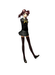 Rule 34 | arms behind back, atlus, brown eyes, earrings, highres, jewelry, kujikawa rise, official art, persona, persona 4, red hair, school uniform, skirt, smile, soejima shigenori, solo, thighhighs, twintails