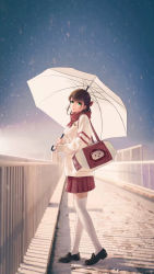 Rule 34 | 1girl, absurdres, black footwear, breasts, bridge, brown hair, closed mouth, commentary request, copyright request, day, from side, full body, green eyes, highres, holding, holding umbrella, jacket, loafers, long sleeves, looking at viewer, looking to the side, mangshe jiao, medium breasts, miniskirt, outdoors, pleated skirt, railing, red scarf, red skirt, scarf, shoes, short hair, skirt, smile, snow, snowing, solo, standing, sunlight, thighhighs, umbrella, white jacket, white thighhighs, winter, zettai ryouiki