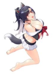 Rule 34 | 1girl, :d, animal ears, azur lane, bare legs, bare shoulders, barefoot, black hair, breasts, butt crack, collarbone, eyes visible through hair, fang, full body, highres, large breasts, long hair, looking at viewer, maitei roppa, miniskirt, open mouth, pleated skirt, ponytail, red eyes, shigure (azur lane), simple background, skirt, smile, solo, tail, v-shaped eyebrows, white background, white skirt, wolf ears, wolf girl, wolf tail