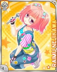 Rule 34 | 1girl, :o, character name, girlfriend (kari), holding, jewelry, looking at viewer, nejikawa raimu, official art, open mouth, overalls, pink hair, purple eyes, qp:flapper, shirt, solo, tagme, tool, twintails, white shirt, wrench, yellow background