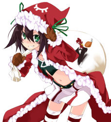 Rule 34 | 1girl, adjusting clothes, adjusting headwear, bird, brown gloves, brown hair, chicken, christmas, fang, gloves, green eyes, grin, hat, hat tug, merry nightmare, midriff, navel, rooster, sack, santa costume, santa hat, skirt, smile, solo, striped clothes, striped thighhighs, thighhighs, ushiki yoshitaka, yumekui merry