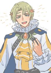 Rule 34 | alfred (fire emblem), ascot, blonde hair, blue cape, cape, circlet, coral 3535, fire emblem, fire emblem engage, green eyes, highres, looking at viewer, male focus, nintendo, orange gemstone, prince, white background, yellow ascot