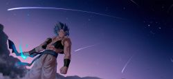 Rule 34 | 1boy, abs, arms at sides, baggy pants, blue eyes, blue hair, blue sky, clenched hand, comet, dragon ball, dragon ball super, dragon ball super broly, energy, energy ball, feet out of frame, frown, gogeta, highres, looking afar, looking away, male focus, mattari illust, mountain, night, night sky, outdoors, pants, pectorals, purple sky, shaded face, sky, smile, solo, spiked hair, standing, star (sky), starry sky, super saiyan, super saiyan blue, waistcoat, white pants, wide shot, wristband
