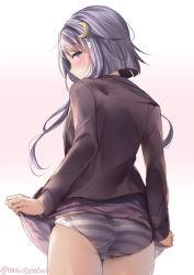 Rule 34 | 1girl, ass, bad id, bad pixiv id, blush, brown jacket, closed mouth, crescent, crescent hair ornament, dress, hair between eyes, hair ornament, jacket, juurouta, kantai collection, long hair, looking at viewer, panties, purple dress, purple eyes, purple hair, purple panties, short hair with long locks, simple background, solo, striped clothes, striped panties, twitter username, underwear, white background, yayoi (kancolle)