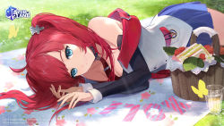 Rule 34 | 1girl, absurdres, ahoge, azur lane, bare legs, bare shoulders, blanket, blue eyes, blue skirt, breasts, bug, butterfly, cleavage, closed mouth, commentary, copyright name, day, detached sleeves, drink, english commentary, eyelashes, floral print, food, fruit, glass, grass, hair ornament, highres, hoojiro, insect, light rays, logo, long hair, looking at viewer, lying, medium breasts, miniskirt, necktie, off-shoulder shirt, off shoulder, official art, on side, outdoors, picnic, picnic basket, pleated skirt, red hair, red necktie, san diego (azur lane), sandwich, shade, shirt, skirt, smile, solo, strawberry, sunlight, thighs, twintails, watermark, white shirt