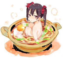 Rule 34 | 10s, 1girl, arms at sides, back, black hair, blush stickers, bowl, completely nude, egg, food, from behind, hair ribbon, haruno shuu, in food, knees up, looking at viewer, looking back, love live!, love live! school idol project, mini person, minigirl, noodles, nude, partially submerged, red eyes, red ribbon, ribbon, shishigomi, simple background, sitting, solo, steam, twintails, udon, yazawa nico