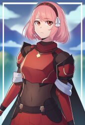 Rule 34 | 1girl, armor, braid, close-up, closed mouth, covered navel, edmonmondo, fire emblem, fire emblem engage, hair ribbon, hairband, highres, lapis (fire emblem), looking at viewer, nintendo, pink eyes, pink hair, red hairband, ribbon, short hair, side braid, simple background, skin tight, solo, swept bangs, two-tone hairband, upper body, white ribbon
