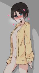 Rule 34 | 1girl, :p, ame (amechan17391739), black hair, blue eyes, blush, breasts, cardigan, female focus, hair between eyes, heart, naked cardigan, navel, open clothes, saitou ena, short hair, small breasts, smile, solo, tongue, tongue out, yurucamp