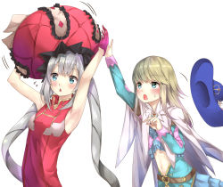 Rule 34 | 1girl, absurdres, androgynous, aqua eyes, armpits, bad id, bad pixiv id, bare shoulders, belt, blonde hair, blue hat, blush, chevalier d&#039;eon (fate), commentary request, dress, fate/grand order, fate (series), flying sweatdrops, grey hair, hat, highres, large hat, long hair, long sleeves, marie antoinette (fate), midriff, open mouth, ranmaruuuu00, red hat, sleeveless, sleeveless dress, sweat, twintails, unworn hat, unworn headwear, upper body, very long hair, white background