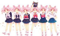 Rule 34 | 1990s (style), 6+girls, ;d, arm up, bad id, bad pixiv id, bishoujo senshi sailor moon, bishoujo senshi sailor moon r, blue sailor collar, blue skirt, bow, brooch, chibi usa, cone hair bun, costume chart, double bun, full body, hair bun, hands on own hips, heart, heart brooch, jewelry, luna-p, multiple girls, multiple persona, one eye closed, open mouth, pink hair, pleated skirt, red eyes, retro artstyle, sailor collar, saki (hxaxcxk), school uniform, serafuku, shoes, short hair, simple background, skirt, smile, socks, standing, twintails, white background, wink