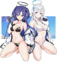 Rule 34 | 2girls, alternate costume, bare legs, barefoot, bikini, black bikini, blue archive, blue eyes, blush, breasts, cleavage, closed mouth, collarbone, grey hair, greyscale, halo, headphones, highres, isegawa yasutaka, jacket, kneeling, large breasts, long hair, long sleeves, looking at viewer, mechanical halo, monochrome, multiple girls, navel, noa (blue archive), purple eyes, purple hair, sidelocks, smile, swimsuit, thighs, twintails, two-sided fabric, two-sided jacket, two side up, very long hair, white background, white bikini, white jacket, yuuka (blue archive)