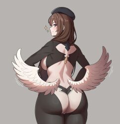 Rule 34 | 1girl, ass, ass focus, backboob, blue eyes, blush, bodysuit, breasts, brown hair, butt crack, from behind, granblue fantasy, hat, highres, huge ass, long hair, looking at viewer, looking back, medium breasts, raziel (granblue fantasy), sideboob, sinnitoksi, smile, solo, very long hair, wings