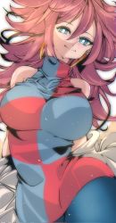 Rule 34 | 1girl, android 21, blue eyes, breasts, checkered clothes, checkered dress, closed mouth, dragon ball, dragon ball fighterz, dress, earrings, grey background, hair between eyes, highres, hoop earrings, jewelry, kinakomochi (user vedc2333), lab coat, large breasts, long hair, looking at viewer, medium breasts, off shoulder, pantyhose, red hair, red ribbon army, removing jacket, ring, simple background, smile, solo