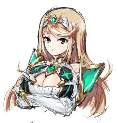 Rule 34 | 1girl, armor, blonde hair, breasts, cleavage, dress, gloves, large breasts, long hair, looking at viewer, mythra (xenoblade), nintendo, nkeggg, solo, tavn, white background, xenoblade chronicles (series), xenoblade chronicles 2, yellow eyes
