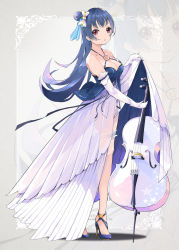 Rule 34 | 1girl, :o, bare shoulders, blue footwear, blue hair, blue ribbon, blunt bangs, blush, bow, breasts, cello, cleavage, clothes lift, collarbone, detached sleeves, earrings, gloves, hair bow, hair bun, hair ornament, half gloves, heart, high heels, highres, instrument, jewelry, lifted by self, long hair, long skirt, love live!, love live! school idol festival, love live! sunshine!!, medium breasts, o-ring, o-ring top, open mouth, qianqian, red eyes, ribbon, side bun, single side bun, skirt, skirt lift, thigh strap, tsushima yoshiko, white bow, white gloves