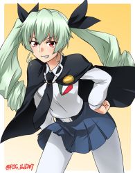 Rule 34 | 1girl, akito (sub707), anchovy (girls und panzer), anzio school uniform, belt, black belt, black cape, black necktie, black ribbon, black skirt, cape, commentary, cowboy shot, dress shirt, drill hair, emblem, girls und panzer, gradient background, green hair, grin, hair ribbon, hand on own hip, highres, leaning forward, long hair, long sleeves, looking at viewer, miniskirt, necktie, outside border, pantyhose, pleated skirt, red eyes, ribbon, school uniform, shirt, skirt, smile, solo, standing, twin drills, twintails, twitter username, white pantyhose, white shirt, yellow background